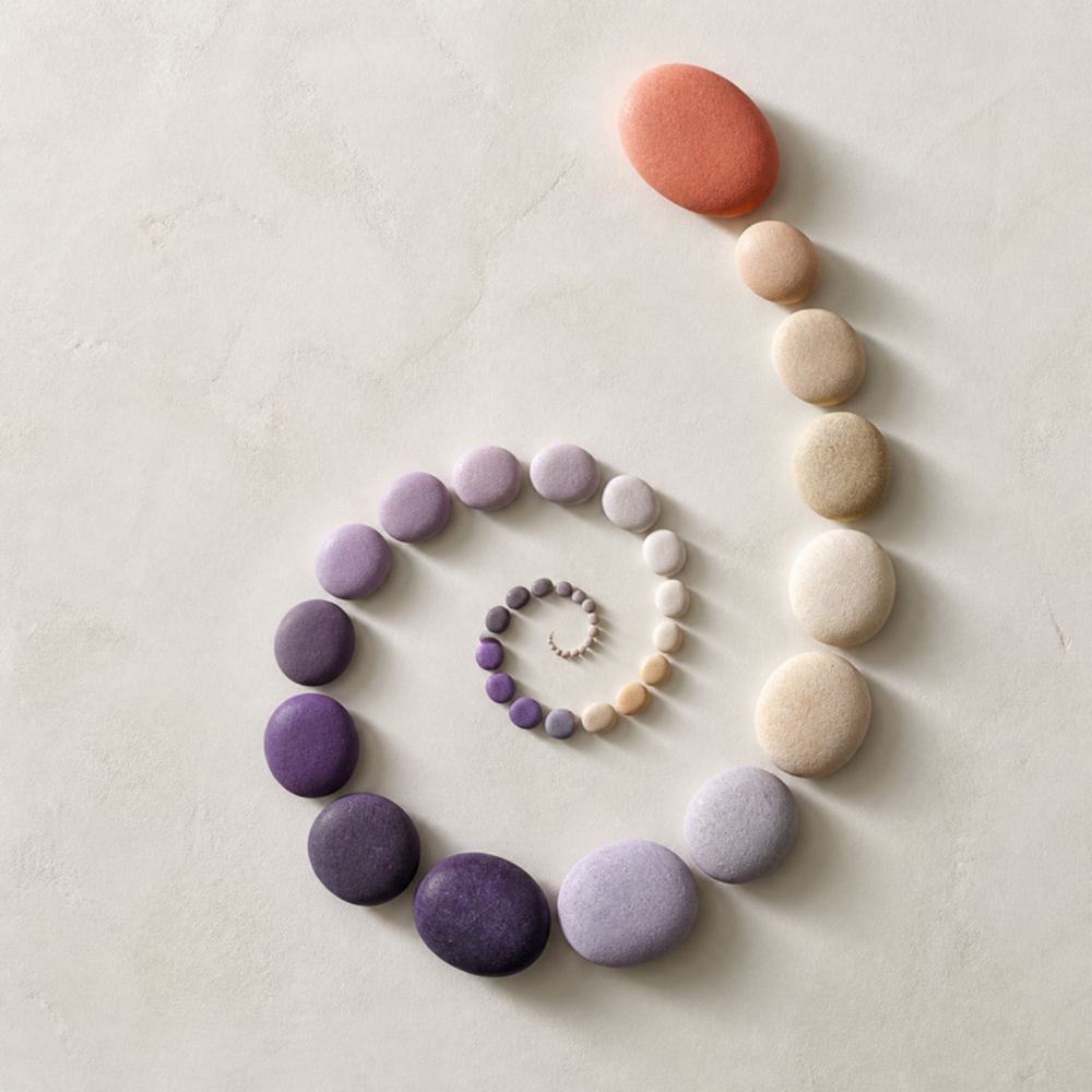 Spirale de galets aux couleurs de l'agence, symbole d'un chemin pas à pas